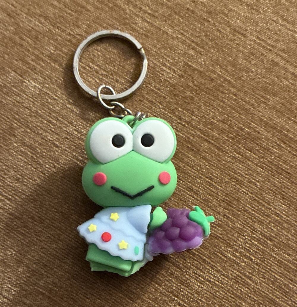 Keroppi Frog Keychain w/ Purple Grapes Charm, Detachable Keyring Plastic/Metal